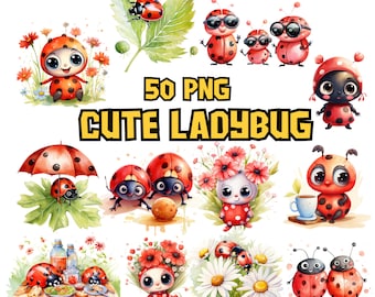 Watercolor Cute Ladybugs Clipart Bundle, Adorable Ladybug PNG Graphics Clipart Set, Ladybug Illustrations, Instant Download, Commercial Use