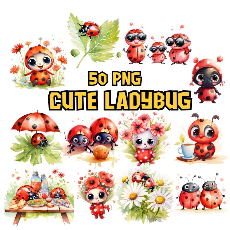 Watercolor Cute Ladybugs Clipart Bundle, Adorable Ladybug PNG Graphics, Ladybug Illustrations, Instant Download for Commercial Use