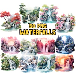 Cascades à l'aquarelle | Ensemble de cliparts cascade printanière, images de la forêt, nature PNG, illustrations de paysages de montagne, usage commercial
