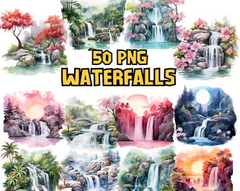 Watercolor Waterfalls Clipart | Spring Waterfall Clipart Set, Forest Images, Nature PNG, Mountain Landscape Illustrations, Commercial Use