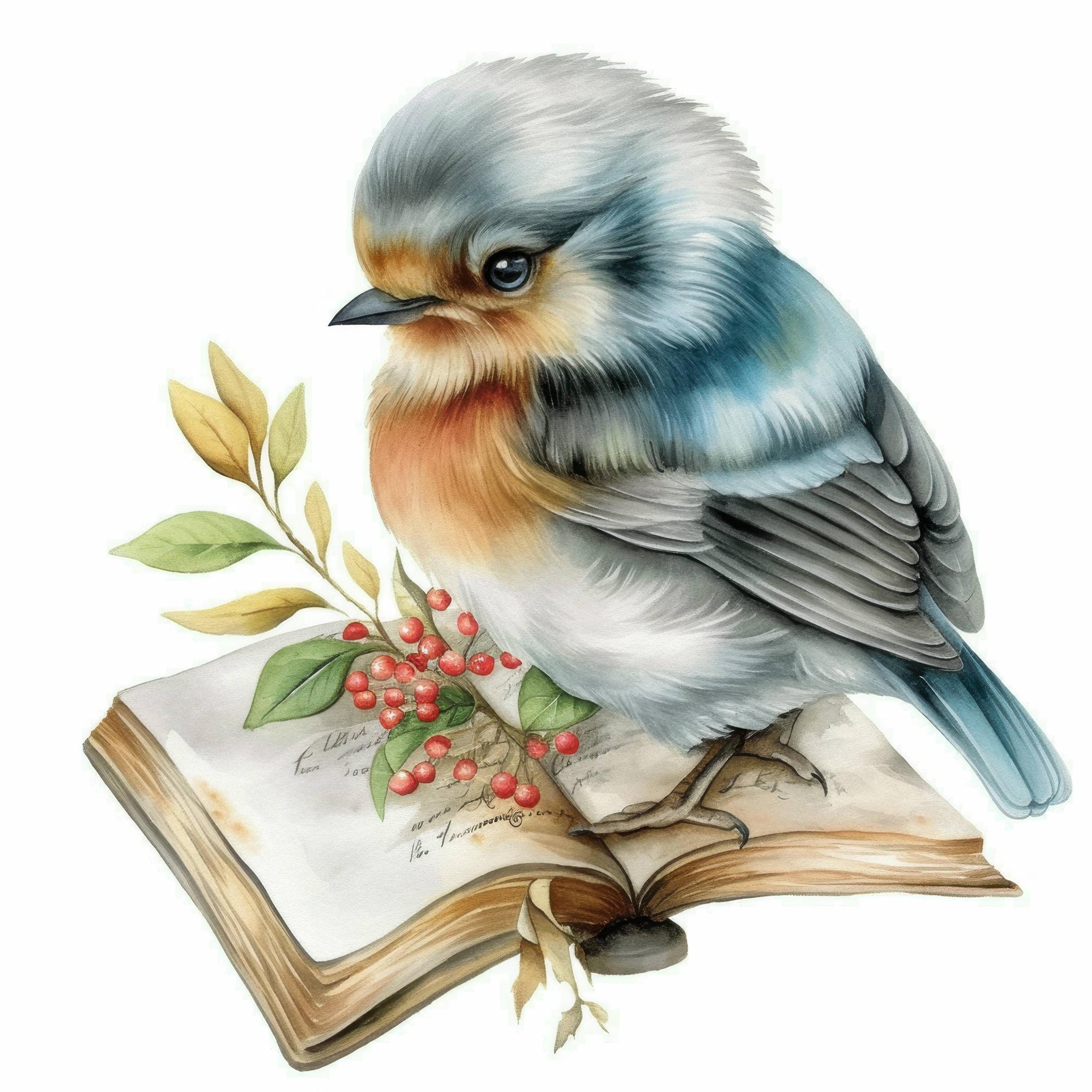 鳥の読書用イラスト12点セット、風変わりなイラスト、印刷可能な水彩画
