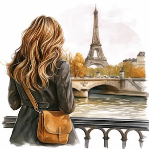 Paquete de 10 imágenes prediseñadas de paisajes parisinos, ilustraciones imprimibles de acuarela de una mujer en un puente, archivos JPG de alta calidad, revistas basura, manualidades de papel