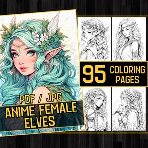 Könnte beinhalten: Ein digitales Malbuch mit 95 Seiten mit Anime-Elfen. Das Titelbild zeigt eine Elfe mit grünen Haaren, einer Blumenkrone und einem detaillierten Design. Das Buch ist im PDF- und JPG-Format erhältlich.