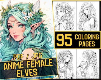 Anime Female Elves Adult Coloring Book 95 Beatiful Coloring Pages,Grayscale Elf Girls Anime Manga Coloring,Instant,Printable PDF & JPG