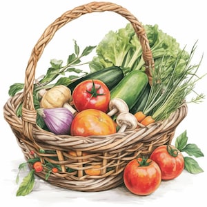 May include: A woven wicker basket overflowing with fresh produce. The basket contains tomatoes, zucchini, mushrooms, lettuce, and other vegetables. The handle is woven, and the basket is filled with colorful, healthy food.