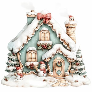 Pacchetto di 12 Clipart di casette di pan di zenzero, illustrazioni di dolcetti festivi, clipart di acquerelli stampabili, JPG di alta qualità, creazioni di carta, diario di scarto