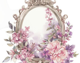 12 Vintage Floral Mirror Clipart, Botanical Floral, Printable Watercolor Clipart, Instant Digital Download, Scrapbooking, Junk Journals