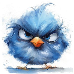May include: A round, fluffy blue bird illustration with a watercolor texture. The bird has a messy, spiky crest of feathers, intense blue eyes with a stern, furrowed expression, and a sharp, pointed orange beak. Thin brown legs are visible at the base.