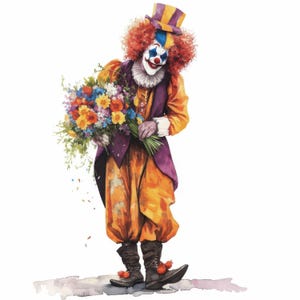 May include: A watercolor illustration of a clown holding a bouquet of colorful flowers. The clown is wearing a vibrant orange outfit with a purple vest, a ruffled collar, and a tall hat. The clown's face is painted with traditional makeup.