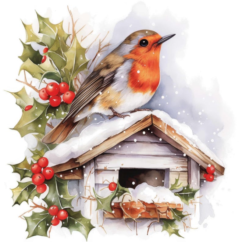 12 Festive Robin Bird Clipart Set, Christmas Illustrations, Printable ...