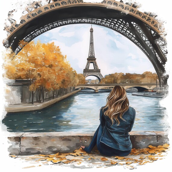 エッフェル塔を眺める女性10人のイラストセット、水彩画のプリント可能