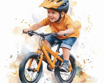 10 Bicycle Kid Clipart Bundle, Child Safety Helmet Illustrations, Printable Watercolor Clipart, High Quality JPG, Paper craft, Junk Journals