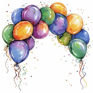 Lot de 12 ballons d'anniversaire, illustrations de fête d'anniversaire de bébé, cliparts aquarelle, fichiers JPG de haute qualité, créations en papier, journaux indésirables