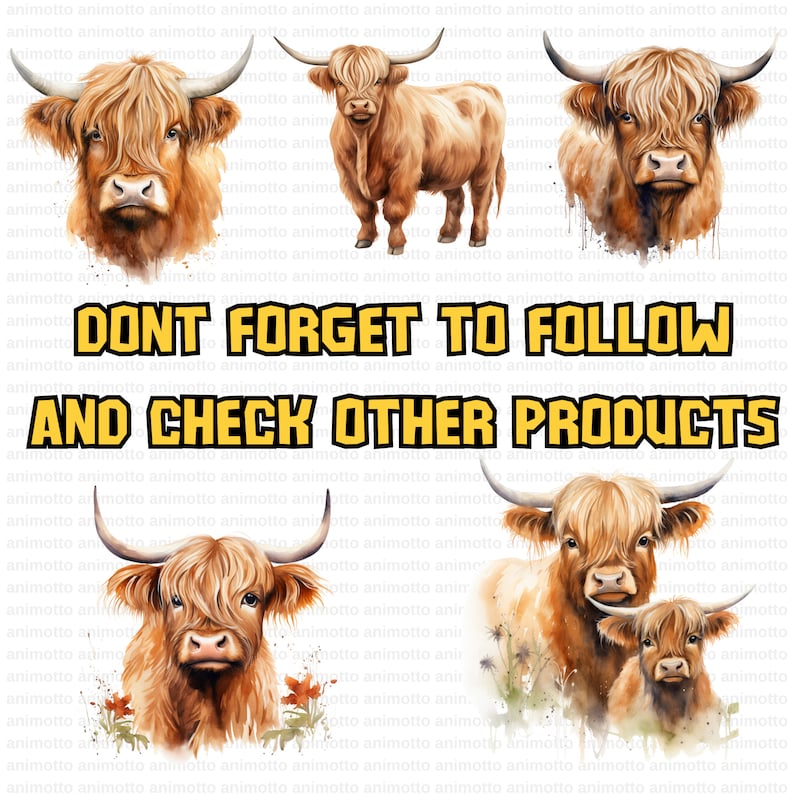 Watercolor Highland Cows Clipart Bundle, Highland Cow Illustrations, Nursery Decor Clipart Set, Transparent PNG Images, Commercial Use