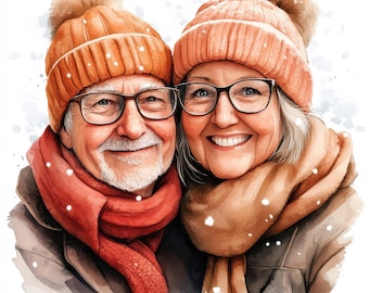 15 Old Couple Portrait Clipart Bundle, Elderly Love, Printable Watercolor clipart, High Quality JPG, Digital download, Paper craft, journals