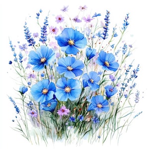 22 Blue Wildflower Flowerbed Clipart Bundle, clipart acquerello stampabile, JPG di alta qualità, download digitale, artigianato di carta, diari spazzatura