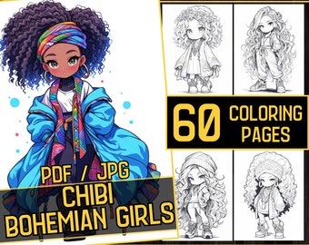 Könnte beinhalten: Ein Set mit 60 Malvorlagen mit niedlichen Chibi-Boho-Mädchen mit verschiedenen Frisuren und Outfits. Die Seiten sind im PDF- und JPG-Format.