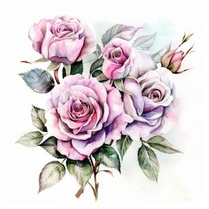 15 Pink Roses and Leaves Bouquet Clipart Bundle Set, Printable Watercolor clipart, Digital download, High resolution, Paper craft, journals