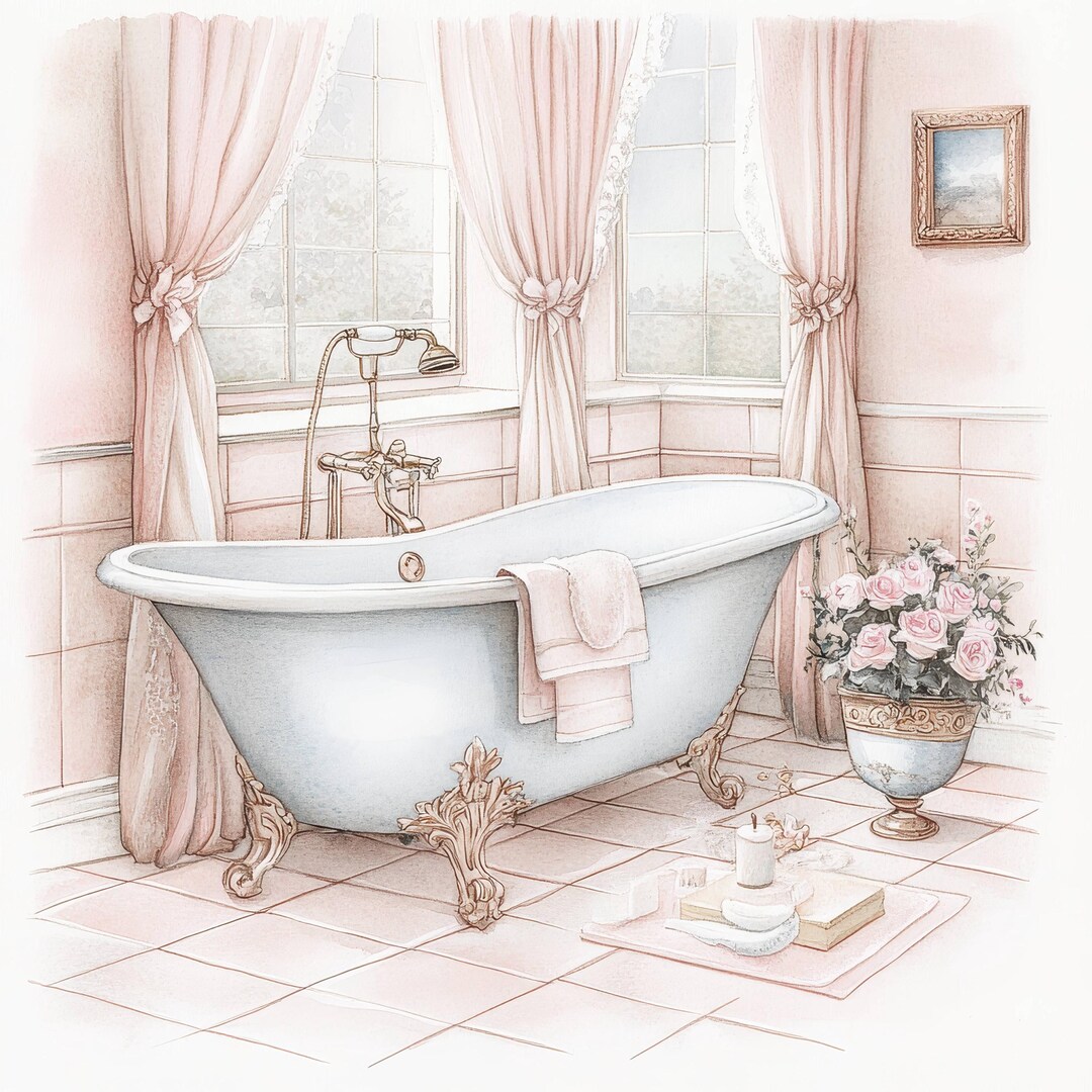 17 Retro Bathroom Clipart Bundle, Printable Watercolor Vintage Bathroom ...
