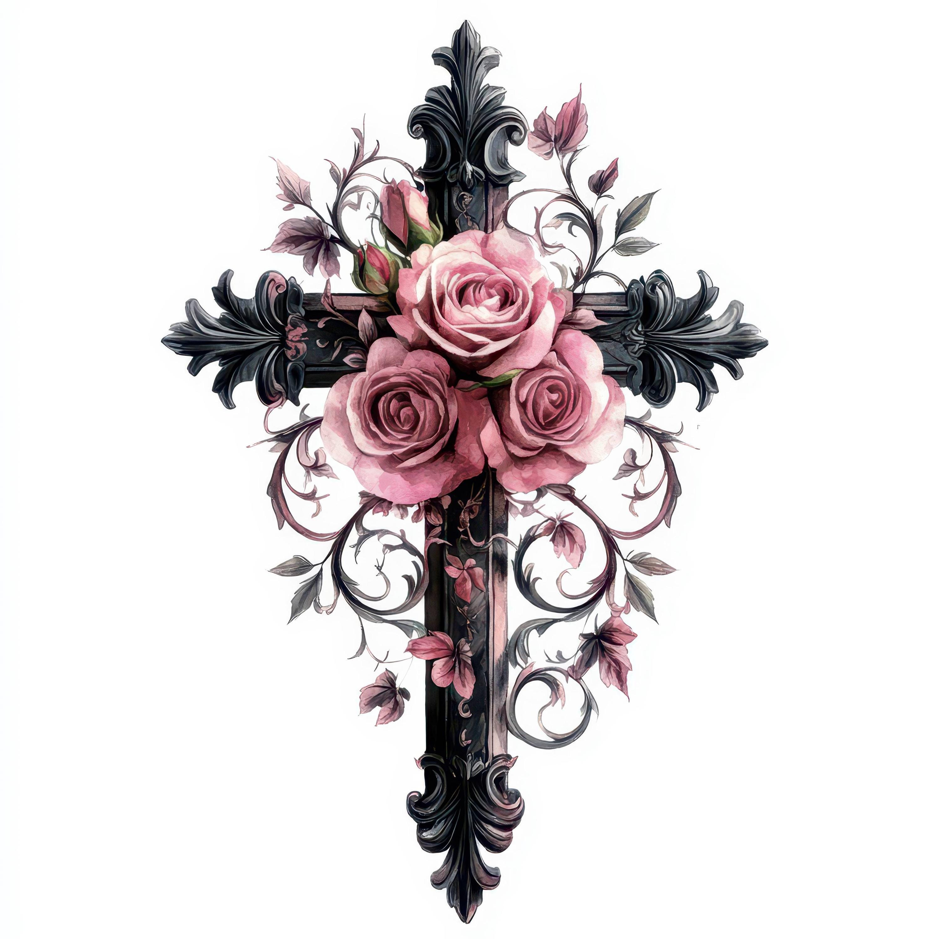 Cross With Roses And Ribbon 14 Cross and Roses Clipart Illustration Bundle, Printable Watercolor ...
