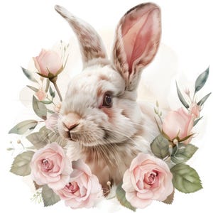 12 Fluffy Bunny in Roses Clipart, Floral Bunny, Printable Watercolor clipart, Digital download, Paper craft, junk journal, High Quality JPGs
