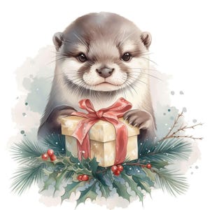 Könnte beinhalten: Aquarellillustration eines niedlichen Otters, der eine Geschenkbox mit rotem Band hält. Das Bild zeigt festliches Stechpalmen, Tannennadeln und rote Beeren. Der Otter hat braunes Fell und große, dunkle Augen, was ein saisonales Thema ergibt.
