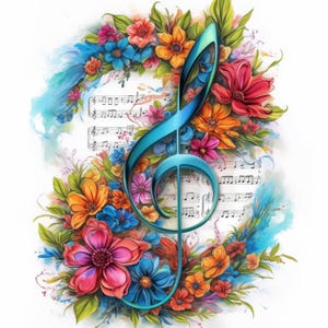 14 Floral Music Notes Clipart Bundle, Music Clef Illustrations, Printable Watercolor Clipart, High Quality JPG, Paper craft, Junk Journals