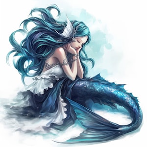 9 Bundle de cliparts fille sirène fantastique, clipart imprimable conte de fées aquarelle, haute qualité JPG, téléchargement numérique, créations en papier, journal indésirable