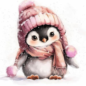 10 Pinguin im Wollhut, süsse Pinguin Illustrationen, druckbare Aquarell Clipart, hochwertige JPG, Papiermodelle, Junk Journal