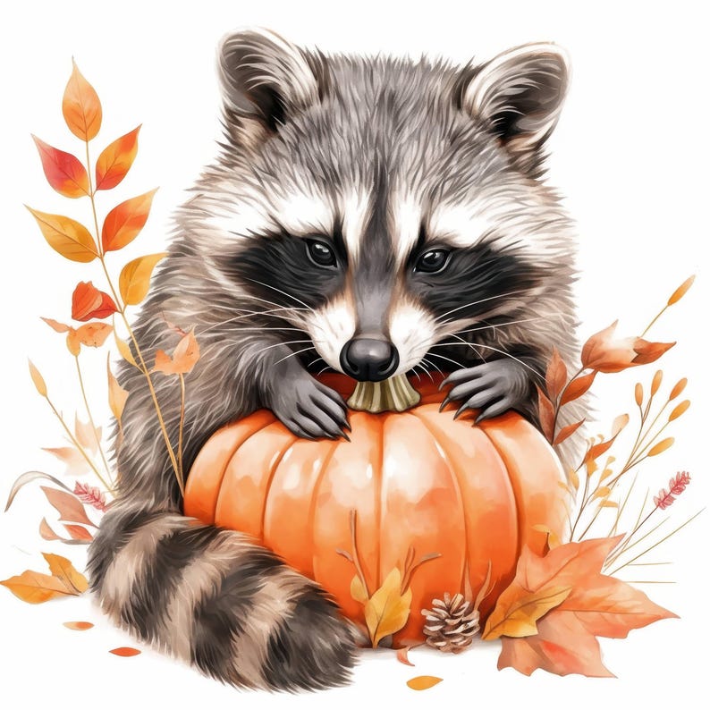 12 Cute Fall Raccoons Clipart Bundle, Autumn Raccoon Illustrations ...