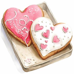 Op de afbeelding: Twee hartvormige koekjes op een bakplaat. Eén koekje is roze met witte glazuur en decoratieve krullen. De andere is wit met roze hartvormige versieringen. De koekjes hebben een goudbruine rand.