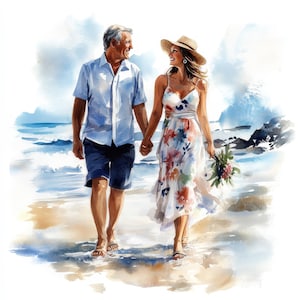 9 oud koppel op strand clipartbundel, afdrukbare aquarel clipart, hoge kwaliteit jpg's, kaarten maken, digitale download, papercraft, tijdschriften