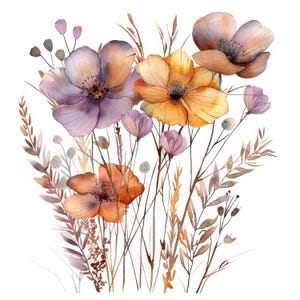 Paquete de 15 imágenes prediseñadas de ramos de flores bohemias, ilustración de flores, imágenes prediseñadas de acuarela imprimibles, descarga digital, manualidades de papel, diarios basura