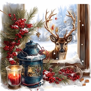 Paquete de 12 imágenes prediseñadas de ventanas navideñas retro, ilustración de vista navideña, imágenes prediseñadas de acuarela imprimibles, JPG de alta calidad, manualidades de papel, revistas basura