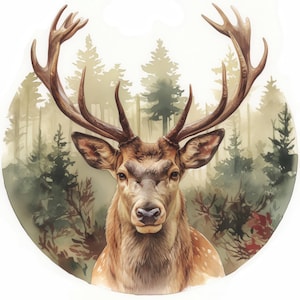 May include: A watercolor painting of a deer with large antlers standing in a forest. The deer has brown fur and a white spot on its neck. The background is a soft green and brown, with trees and foliage.
