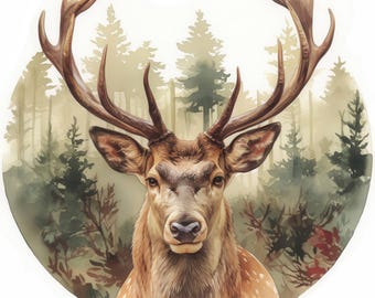 May include: A watercolor painting of a deer with large antlers standing in a forest. The deer has brown fur and a white spot on its neck. The background is a soft green and brown, with trees and foliage.