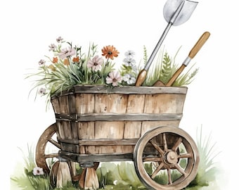 18 Garden Tools Clipart Bundle, Wheelbarrow Images Graphics, Printable Watercolor Cliparts, High Quality JPGs, Paper crafts, Commercial Use