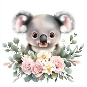 Lot de 15 cliparts koala floraux, illustrations d'animaux aquarelles imprimables, fichiers JPG de haute qualité, téléchargement numérique, créations en papier, journaux indésirables