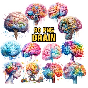 May include: A collection of 80 PNG images featuring colourful, abstract brain illustrations. The images depict brains in various styles, including gears, puzzle pieces, and tree-like structures. The text "80 PNG BRAIN" is displayed in a yellow box.