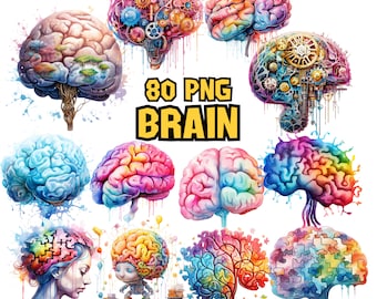 Watercolor Brain Clipart | Colorful Painted Brain Illustrations, Transparent PNG Graphics | Instant Download for Commercial Use