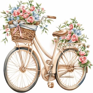 17 Floral Bicycle Clipart Bundle, Bike in Flowers Illustrations, Printable Watercolor Clipart, High Quality JPG, Paper craft, Junk Journals
