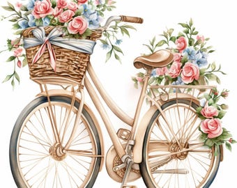 17 Floral Bicycle Clipart Bundle, Bike in Flowers Illustrations, Printable Watercolor Clipart, High Quality JPG, Paper craft, Junk Journals