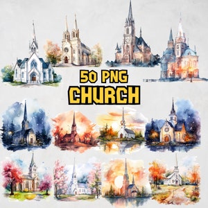 Watercolor Church Clipart Bundle, Painted Church Clipart Set, Historic Religious Building Illustrations, Church PNG Graphics, Commercial Use