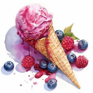 Bundle de 17 cliparts crème glacée aux baies, clipart aquarelle imprimable, fichiers JPG de haute qualité, téléchargement numérique, créations en papier, fabrication de cartes, journal indésirable