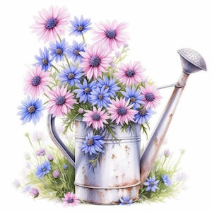 Lot de 12 arrosoirs avec fleurs, clipart jardinier aquarelle imprimable, JPG haute qualité, téléchargement numérique, créations en papier, journal