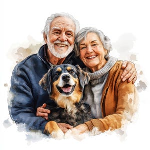 Paquete de 11 imágenes prediseñadas de pareja de ancianos y perro, imágenes prediseñadas familiares en acuarela imprimibles, archivos JPG de alta calidad, creación de tarjetas, manualidades con papel digital, diario basura