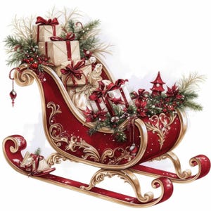 13 Christmas Sleigh Clipart Bundle, Red Sleigh Images Illustration, Printable Watercolor Clipart, High Quality JPG, Paper craft, Card Making