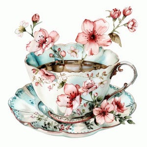 13 Floral Teetasse Clipart, Blüten und Teetasse Illustrationen, druckbare Aquarell Clipart, hochwertige JPG, digitaler Download, Papiermodell