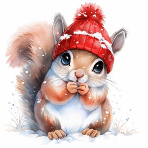 12 Winter Eichhörnchen Clipart Bundle, Eichhörnchen im Wollhut Illustrationen, druckbare Aquarell Clipart, hochwertige JPG, Papiermodelle