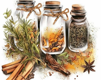 Lot de 16 cliparts herbes et épices, illustrations d'images de cuisine, clipart aquarelle imprimable, JPG haute qualité, créations en papier, journaux indésirables